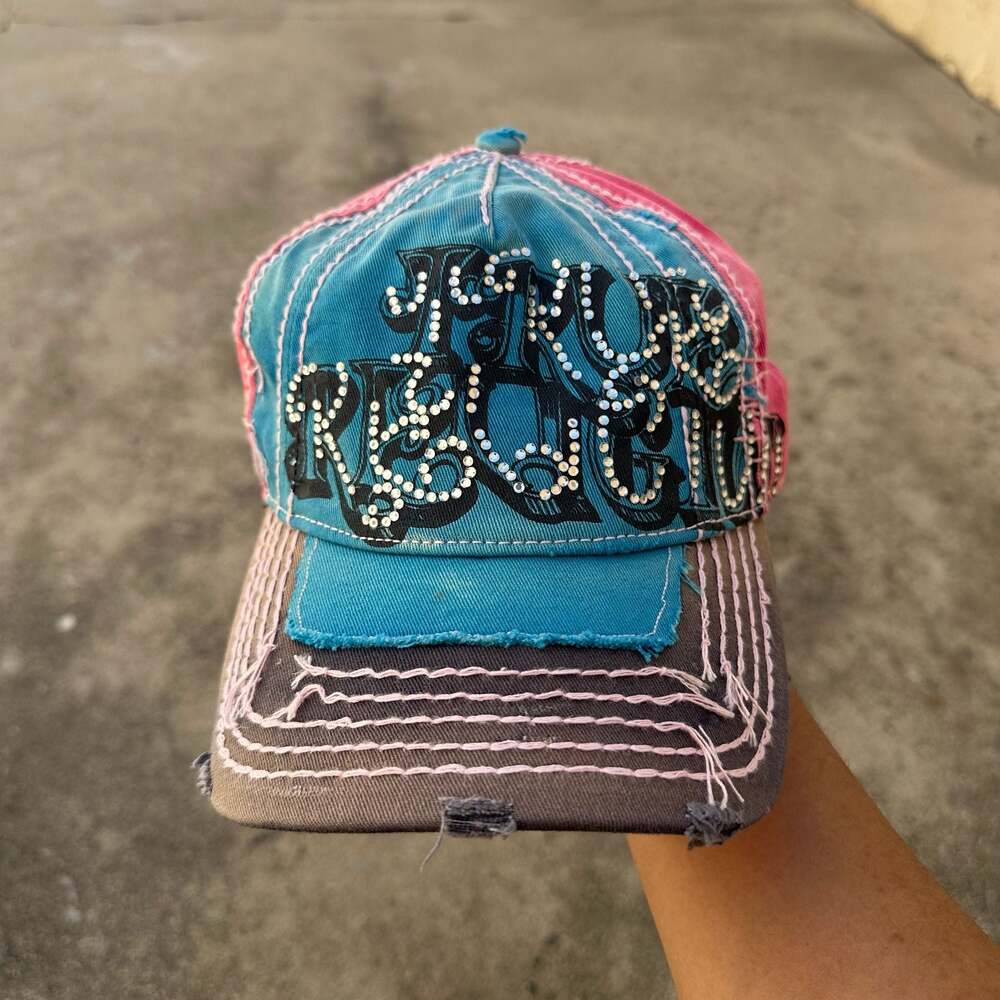 True Religion Rhinestone Distressed Trucker Hat Pink Blue